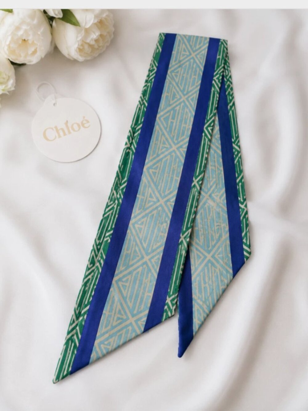 Chloé Charlie Silk Bandeau Scarf Blue & Green Geometric Italy NWT Unisex